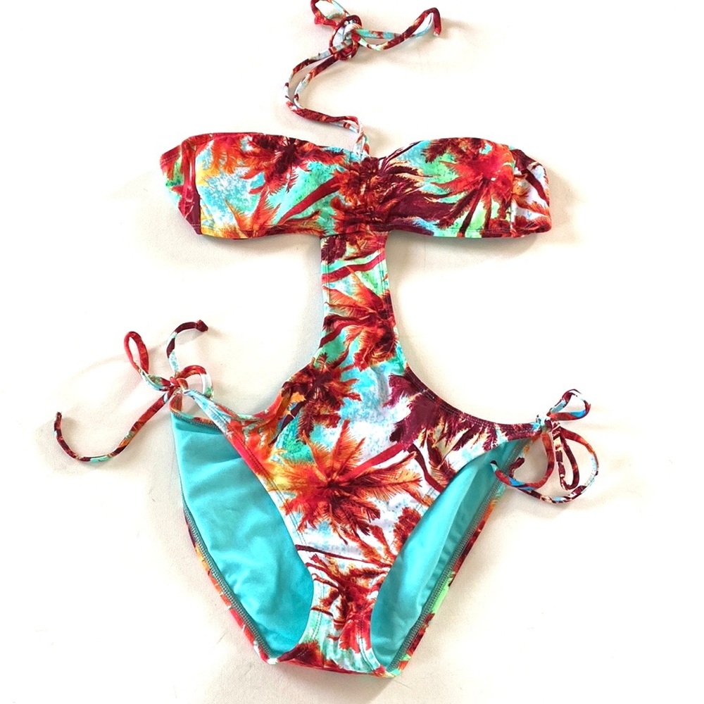 Surfside‎ Floral cut out one piece halter tie neck bandeau bikini, Size L